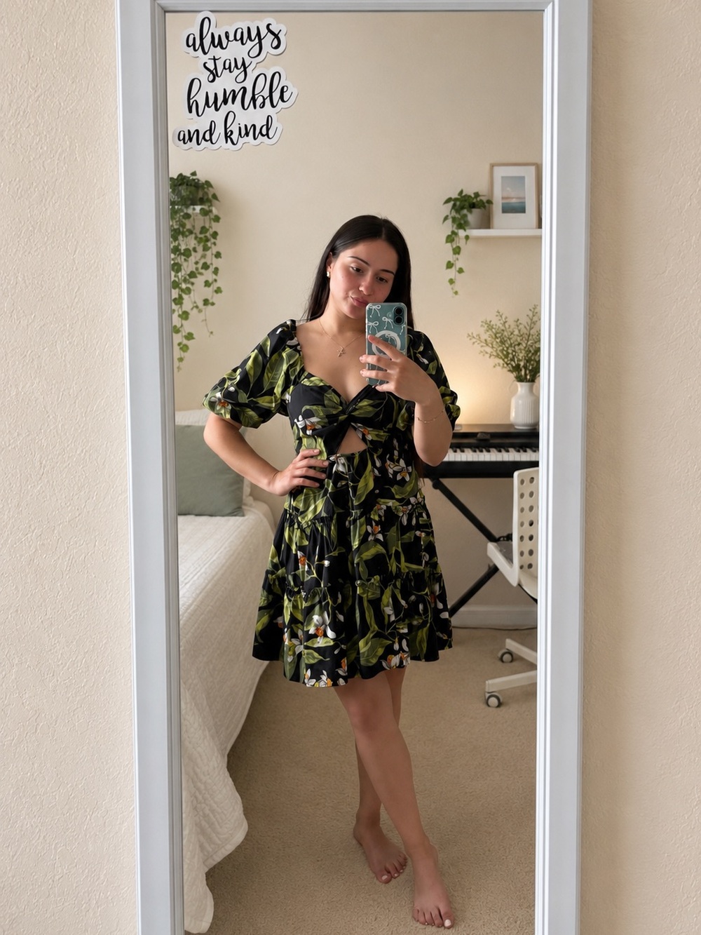 Express Black Mini Dress with Green Floral Print